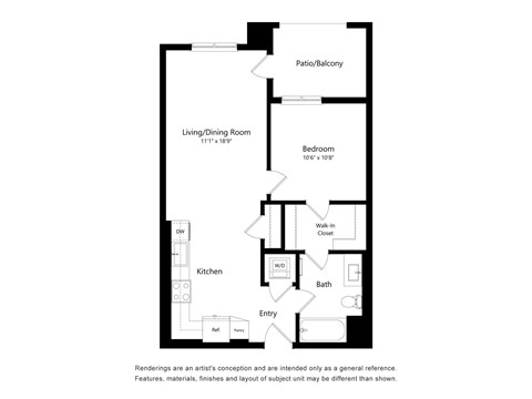 Floor plan for 1 bed, 1 bath, 707 sqft